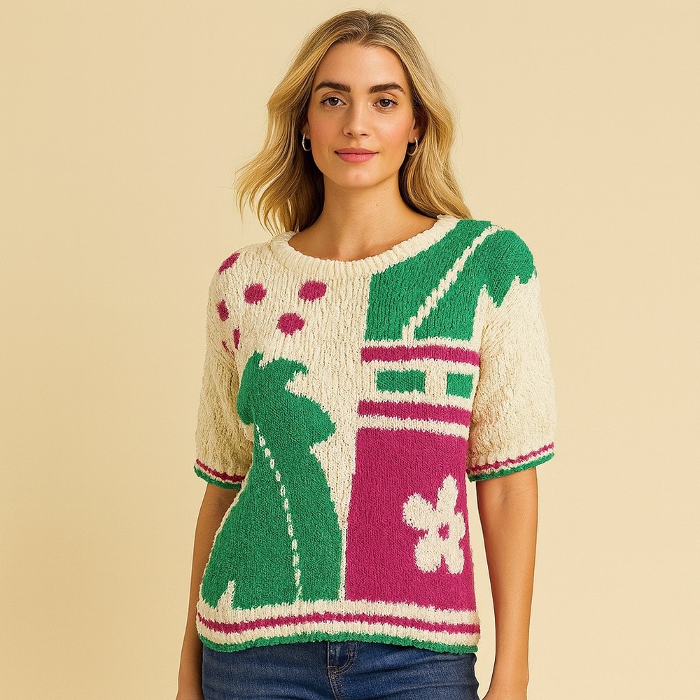 Koret Vintage XL Off White Knit Sweater Pink Green Floral Tropical Short Sleeve